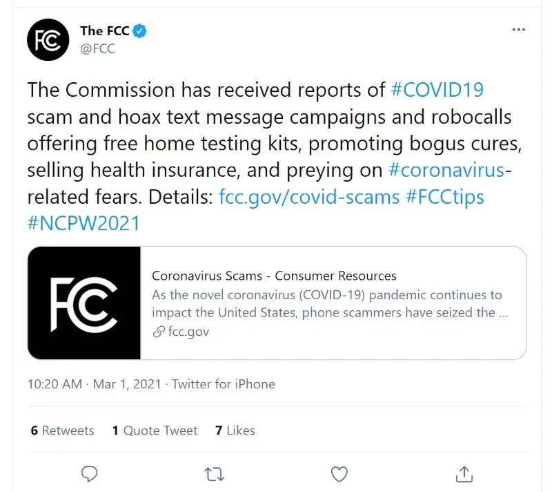 FTC Warns of COVID Vaccine Scam Text Messages