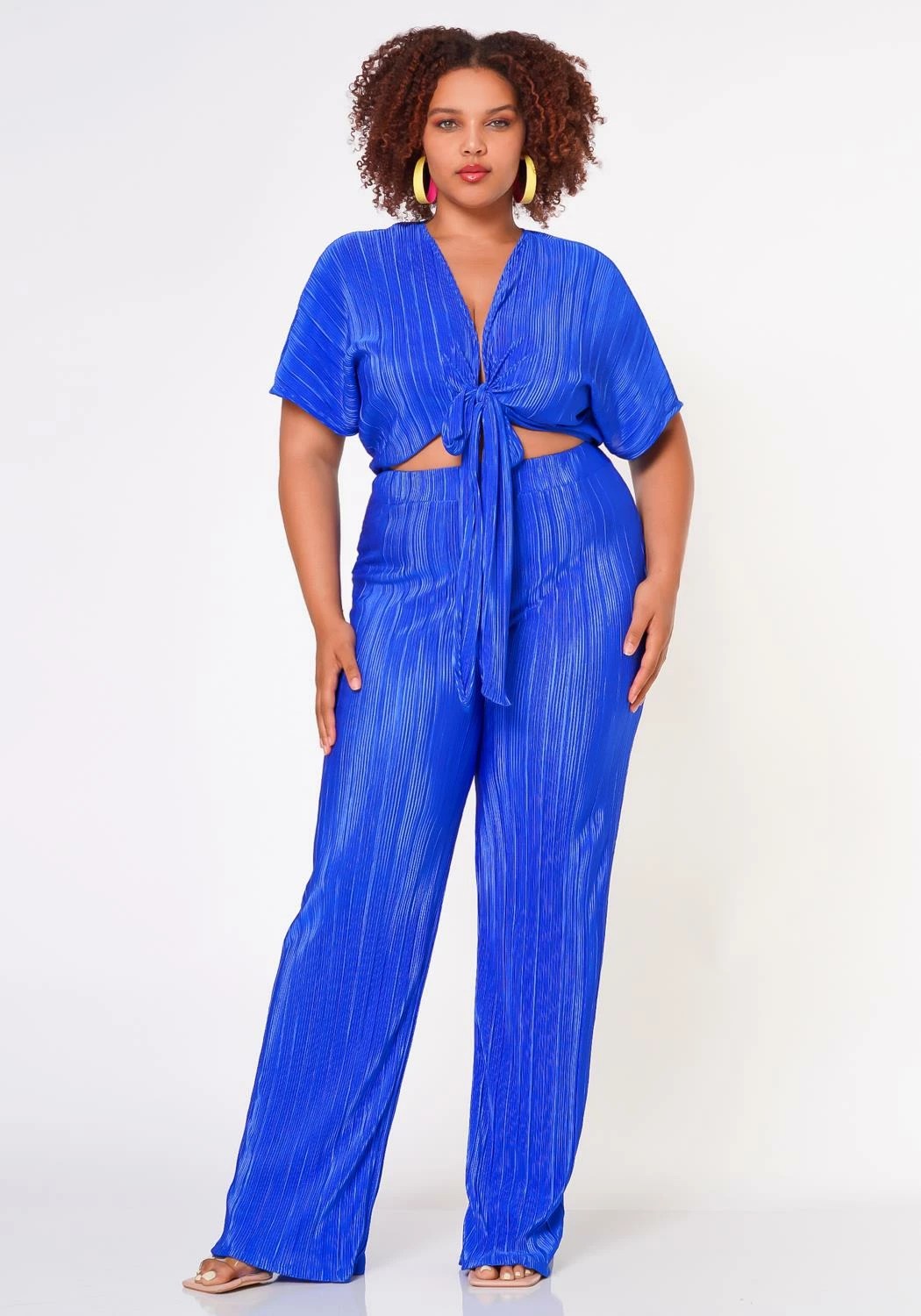 Cheap Plus Size Pleated Crop Top & Pants Set 70 off Special Savings