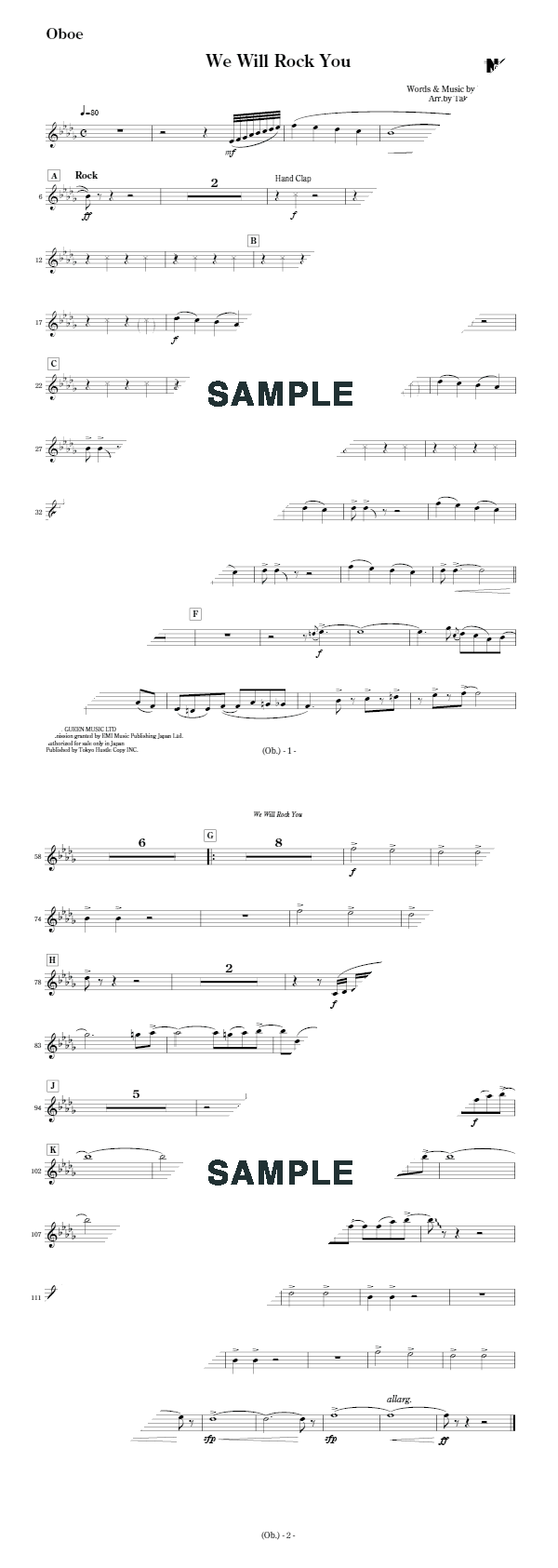 【楽譜】We Will Rock You（Oboe） / Queen（クイーン）（パート譜）提供東京ハッスルコピー 楽譜＠ELISE