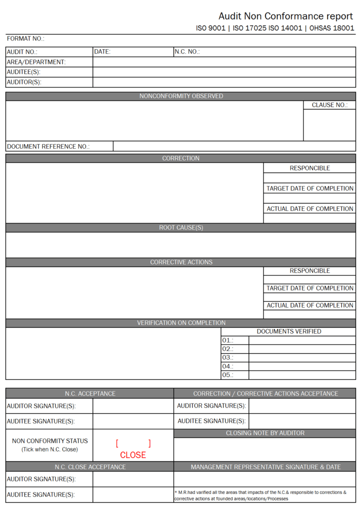 Non Conformance Report Form Template