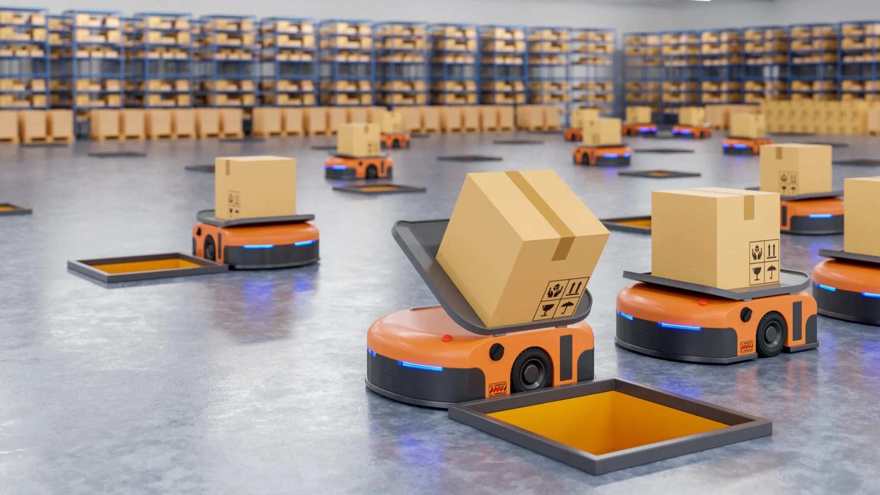 An army of robots efficiently sorting hundreds of parcels per hour