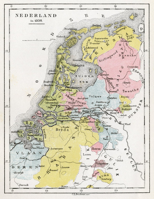 Kaart Nederland Gouden Eeuw Nederland in 1350, an antique map of Netherlands by C.L. Brinkman