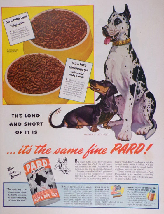 1944 Pard Dog Food Ad Great Dane, Dachshund Dennis, Vintage