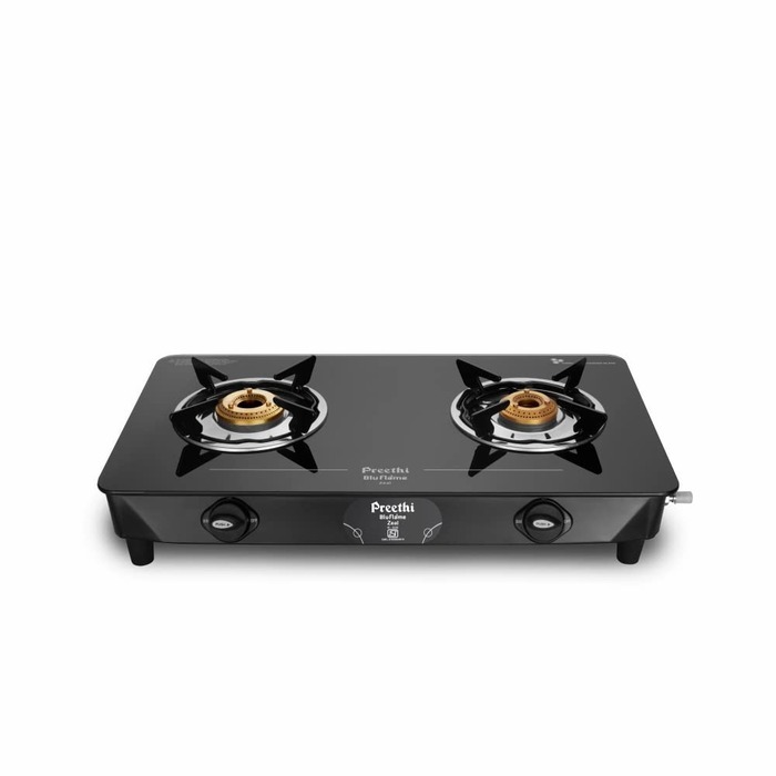 Preethi Blu Flame Zeal Plus Glass Top 2Burner Manual Gas Stove (Black