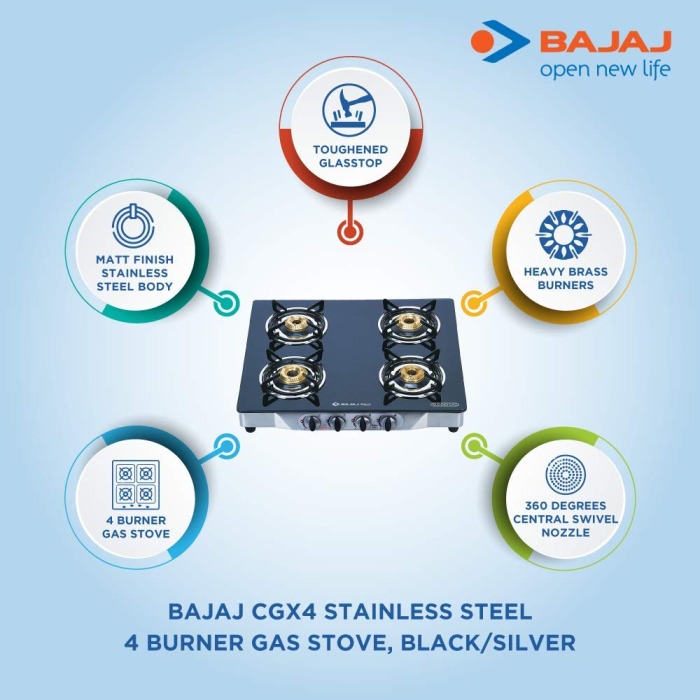 Bajaj CGX4 Stainless Steel 4 Burner Gas Stove, Black and SilverAttinkara