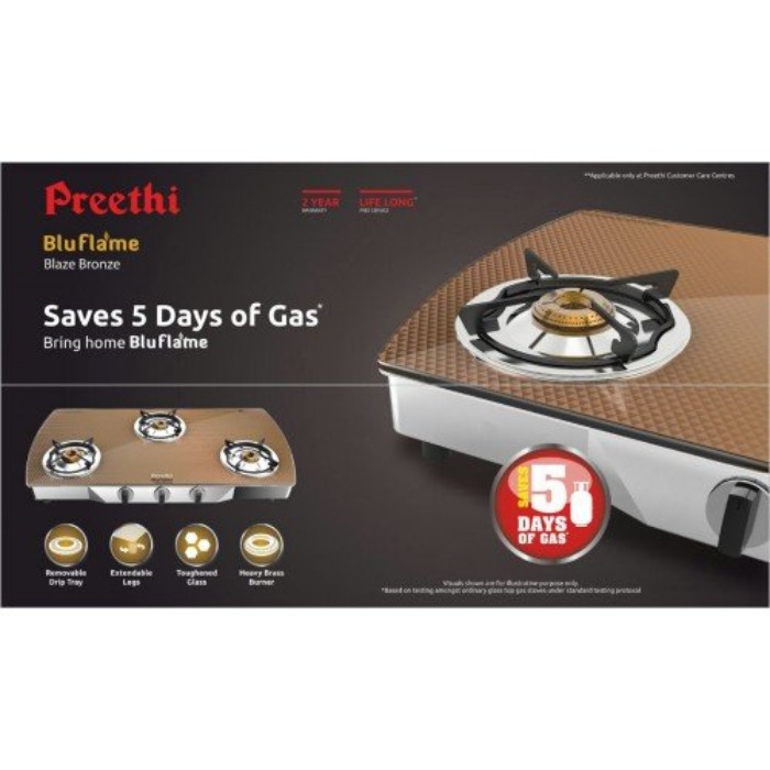 Preethi Bluflame Blaze Bronze 3 Burner Glass Top Gas StoveAttinkara