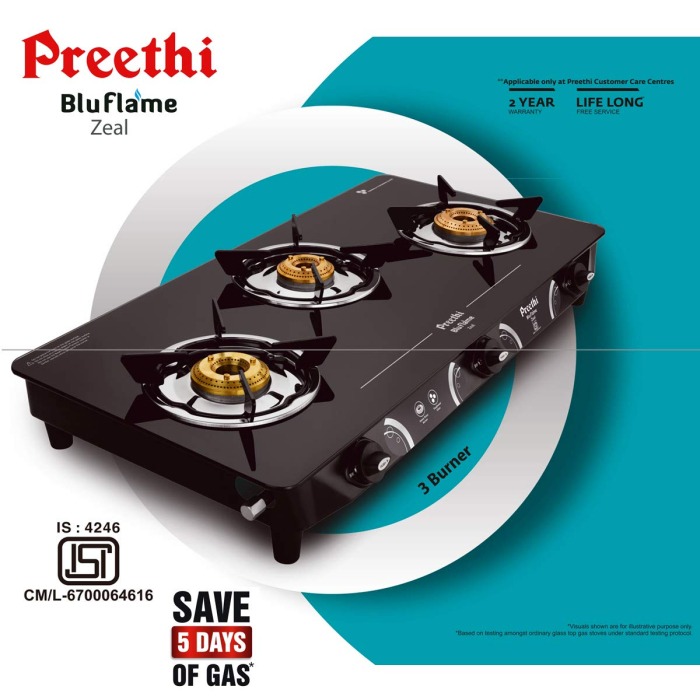 Preethi Zeal, 3 Burner Glass top Gas stove , 5 Yr GlassBurner Warranty
