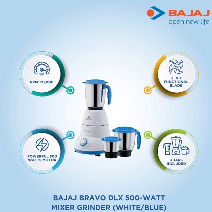 Bajaj Bravo DLX 500Watt Mixer Grinder (White and BLUE)Attinkara