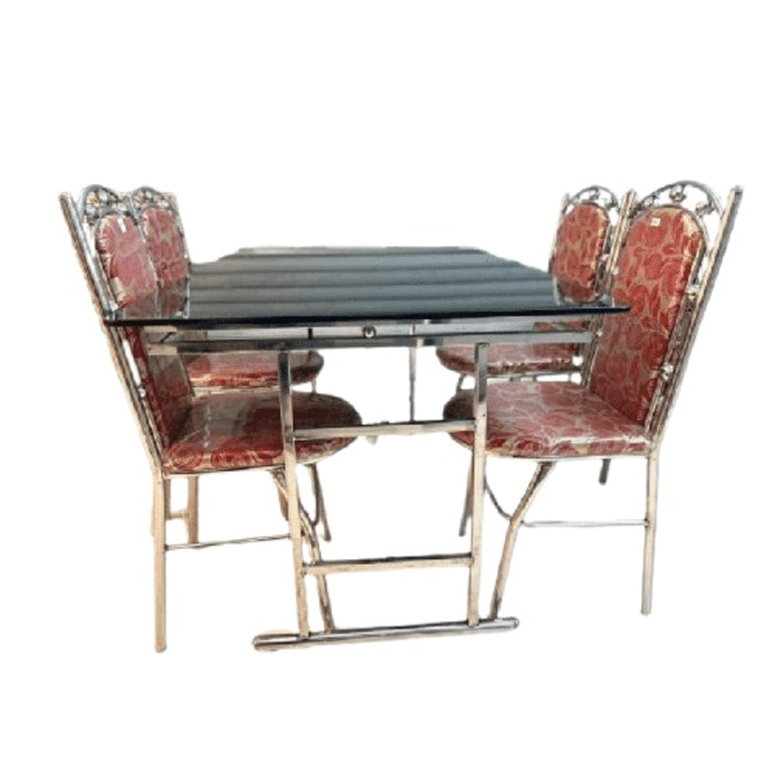 Techno Steel 4x3 Glass Top Steel Dining Table with 4 Steel ChairsAttinkara