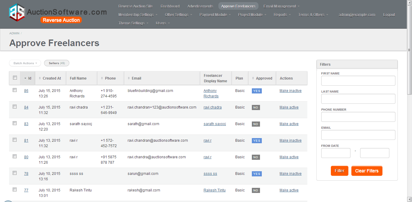 Admin Approve Freelancers Batch Actions/Sellers