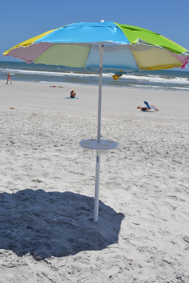 Beach umbrella table with drink holder sand anchor stools AugHog
