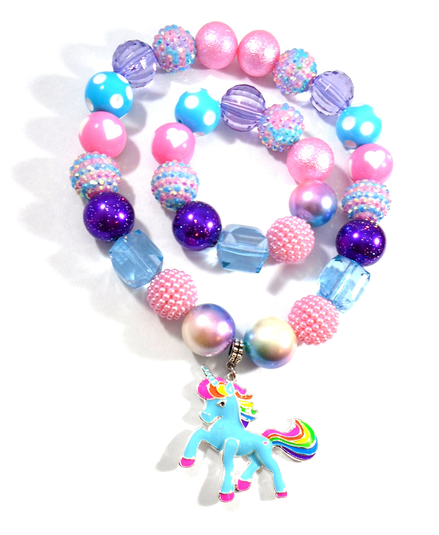 Cotton Candy Unicorn Chunky Bubblegum Necklace & Bracelet Set