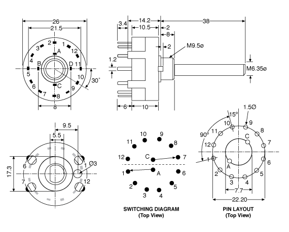 2 Pole 2-6 Position PCB Mount Rotary Switch