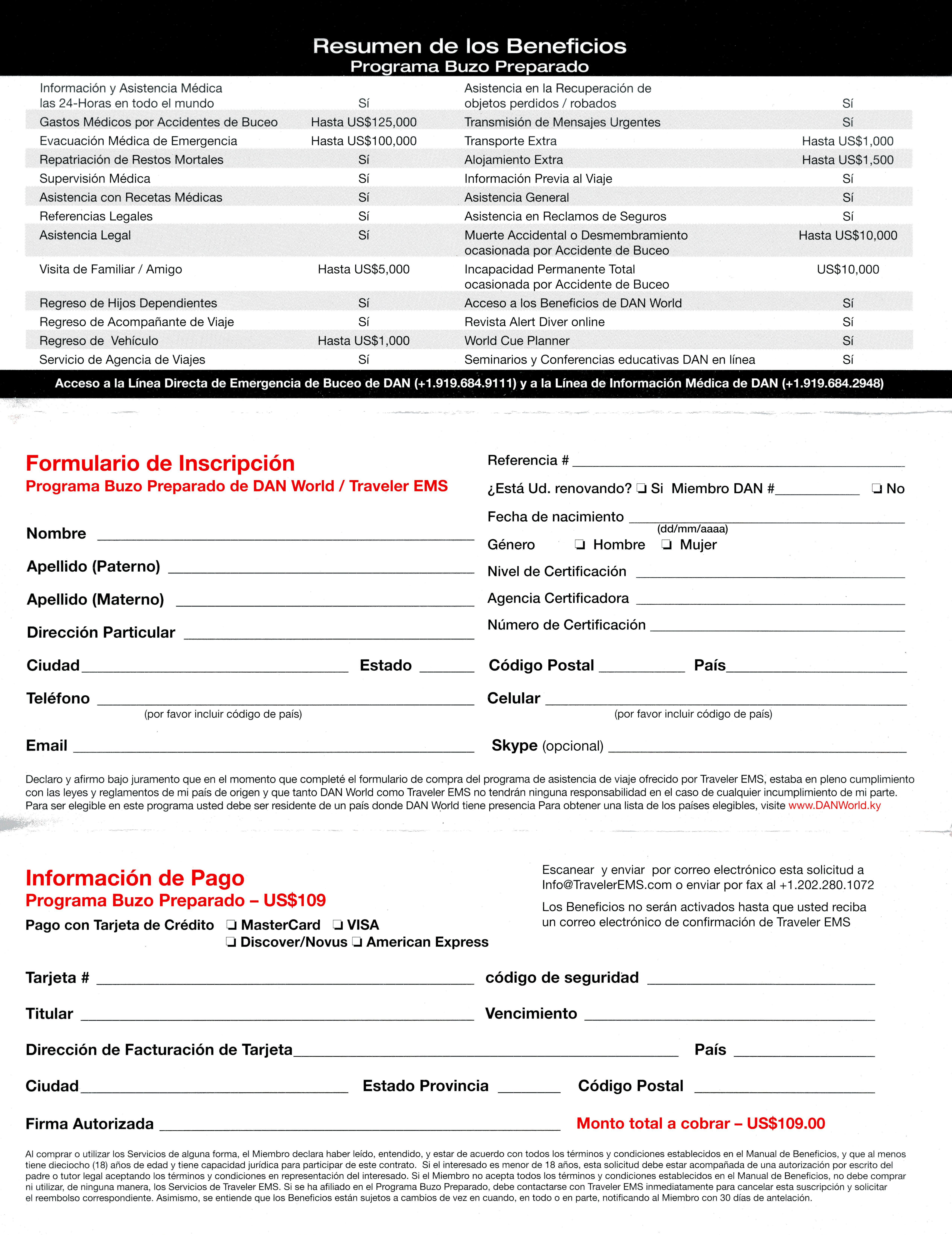 Divers Alert Network Medical Insurance Authentic Spanish Materials