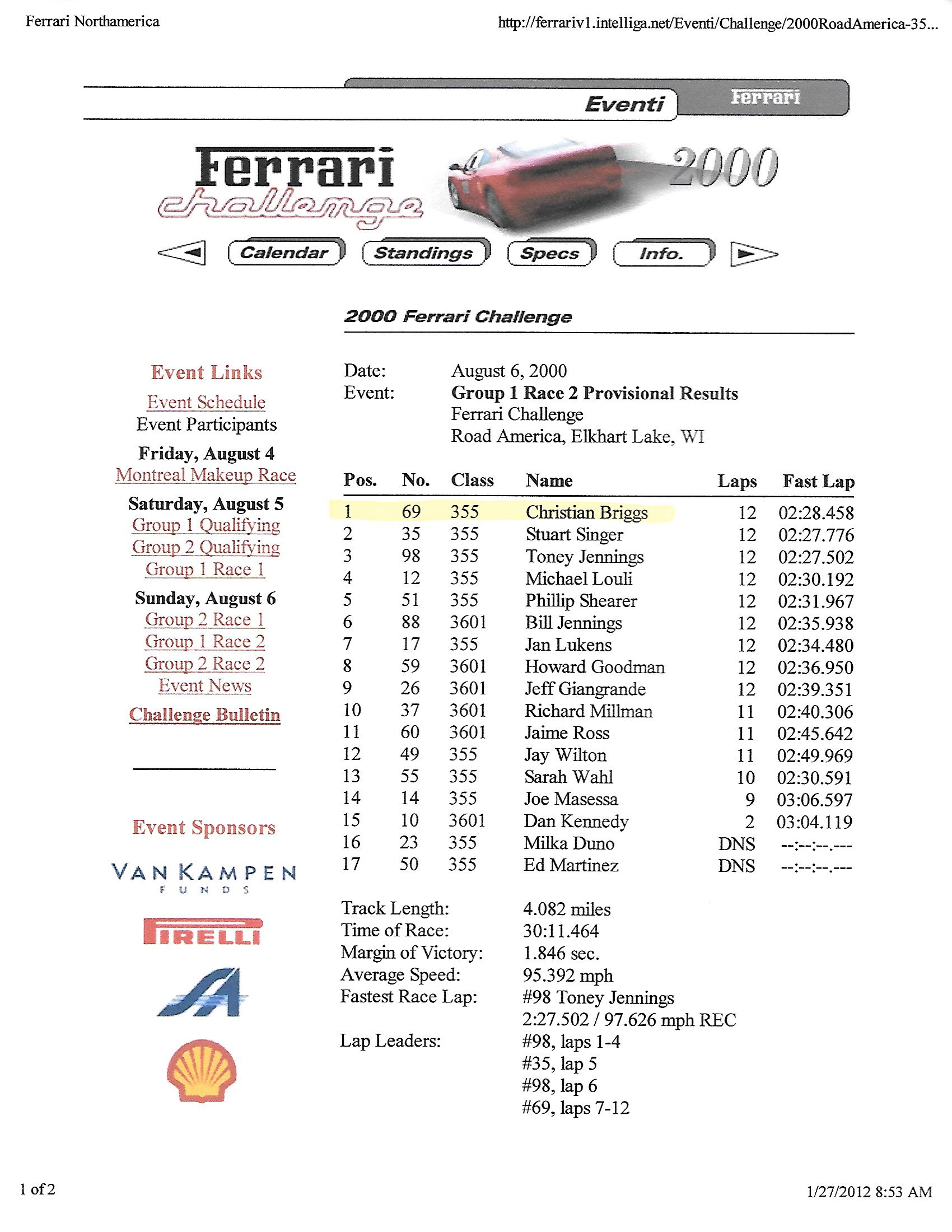 2000 Ferrari F355 Challenge Race Results