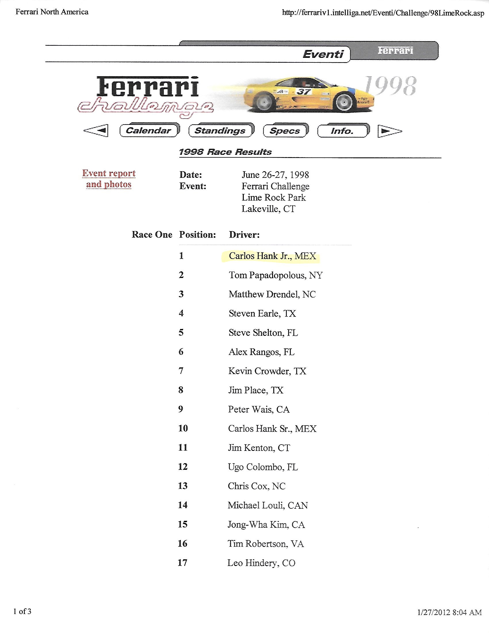 1998 Ferrari F355 Challenge Race Results
