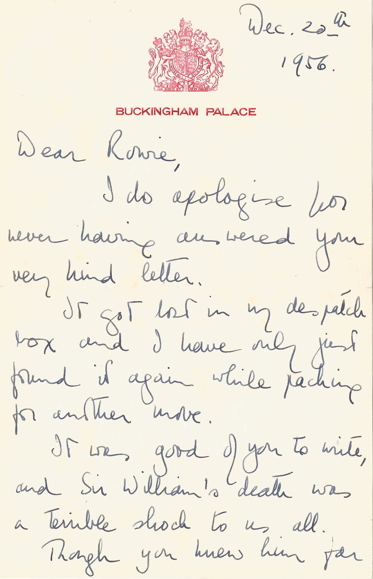 ELIZABETH II Lettre autographe signée à sa sagefemme, Helen Rowe. 1956