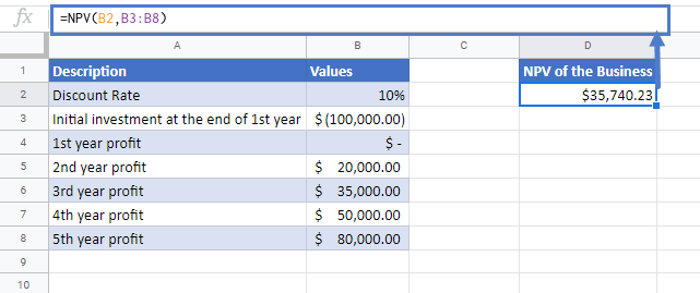 NPV Function Net Present Value Excel, VBA, G Sheets