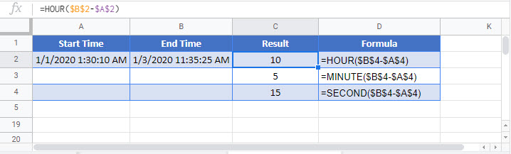 Time difference in excel & Google Sheets (Hours, Mins, Secs) Automate