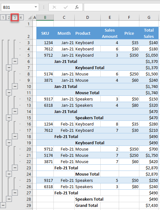 Collapse Outline to Show Just Subtotals in Excel & Google Sheets