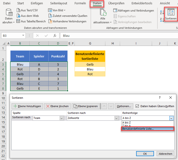 Benutzerdefinierte Sortierliste mit Formel Excel & Google Sheets