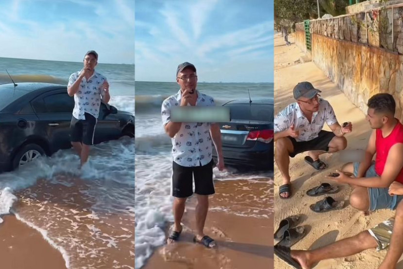 Man Drives Car Into Beach in Port Dickson and Gets Car Stuck in the