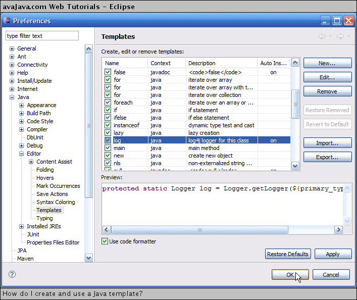 How do I create and use a Java template?  Tutorials