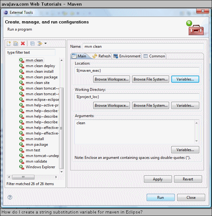 How do I create a string substitution variable for maven in Eclipse