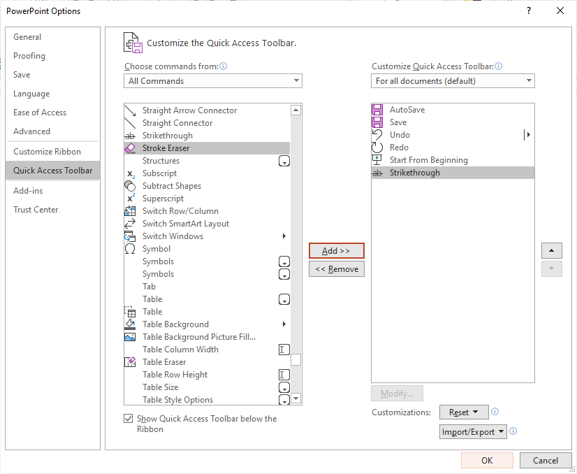 addingstrikethroughtoquickaccesstoolbaroptionsPowerPoint
