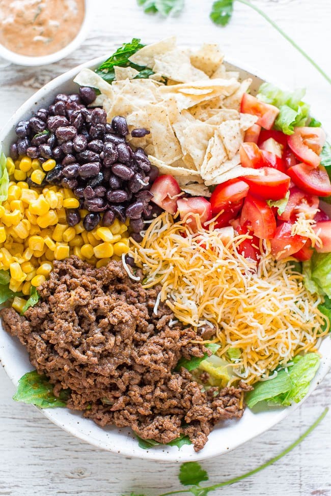 Loaded Beef Taco Salad (with CilantroLime Dressing!) Averie Cooks