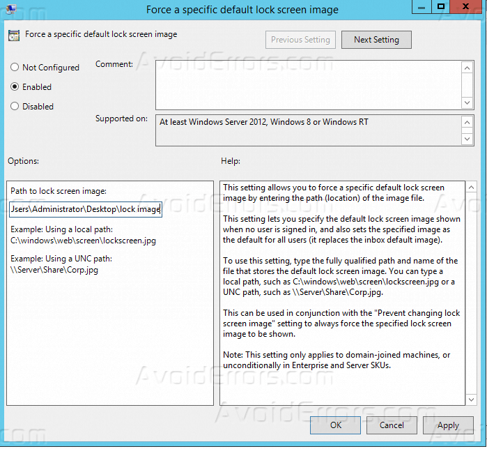 Windows Server Force Specific Default Lock Screen Image via GPO