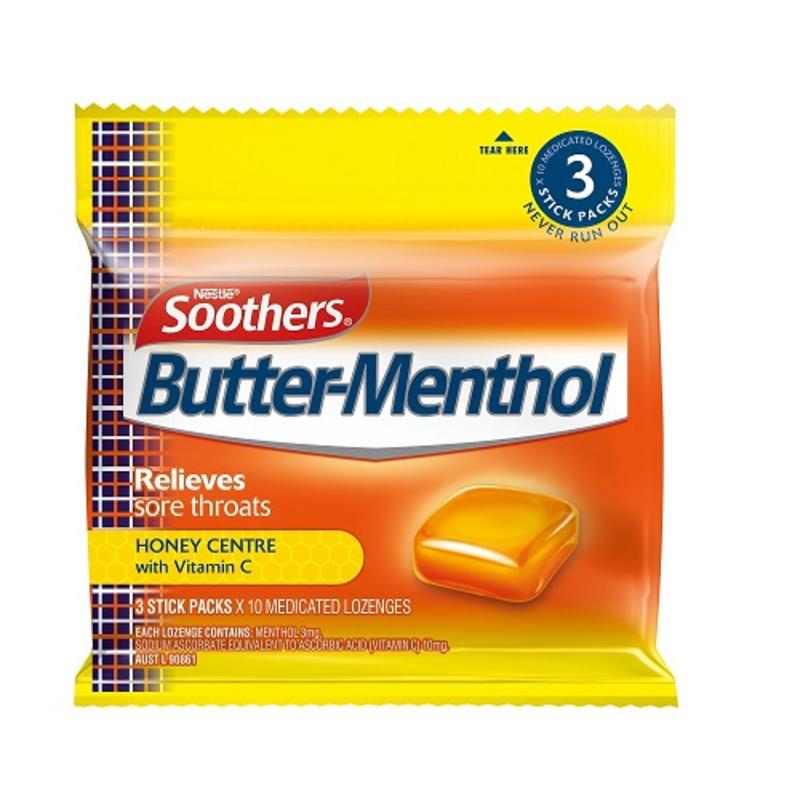 Soothers ButterMenthol Medicated Lozenges 3 Stick Packs X 10 澳洲生活网