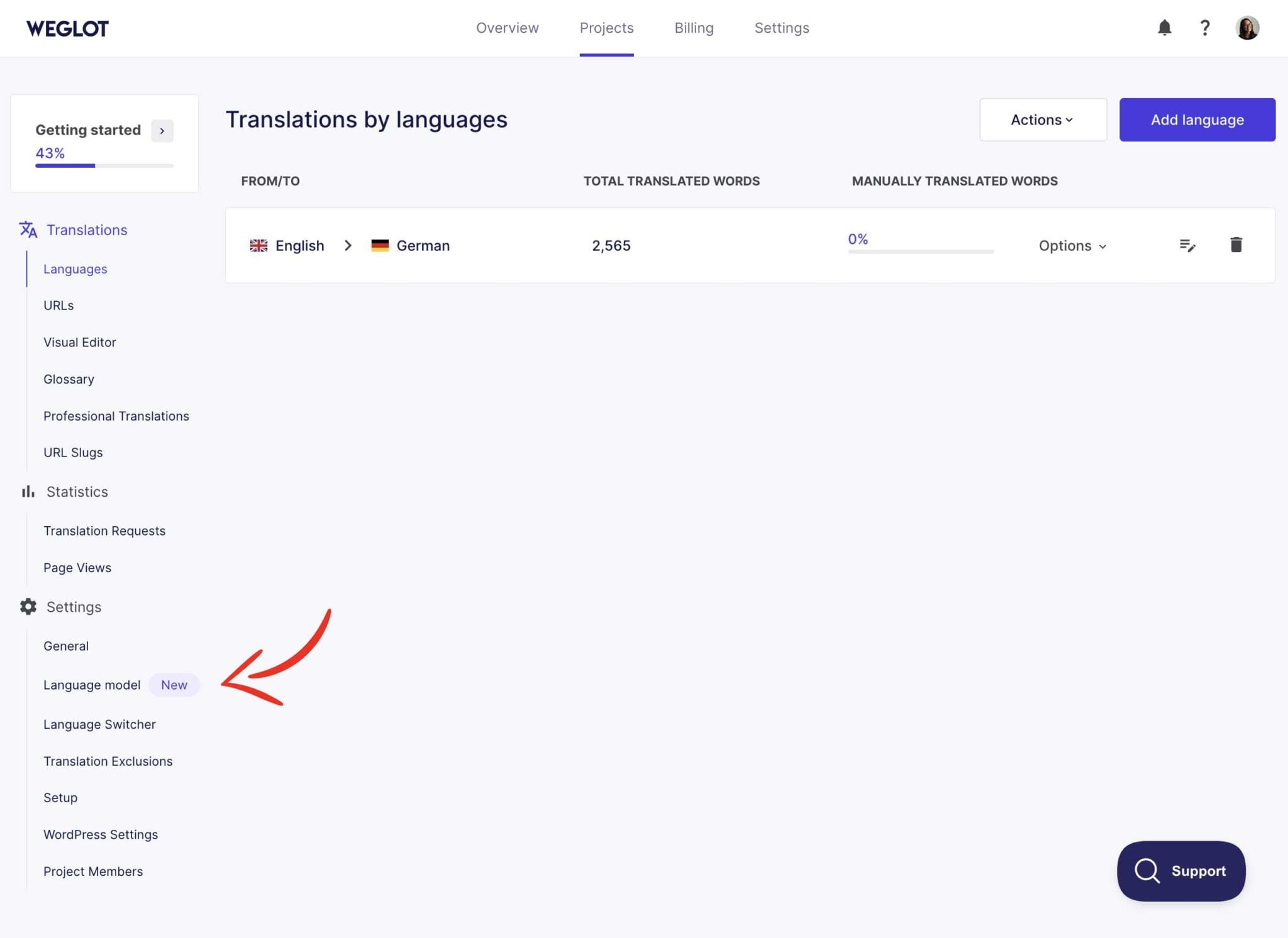 Weglot’s New AI Feature Translates Your Site in Your Own Voice 1 Alt text: Weglot interface showing translation progress and language settings options.