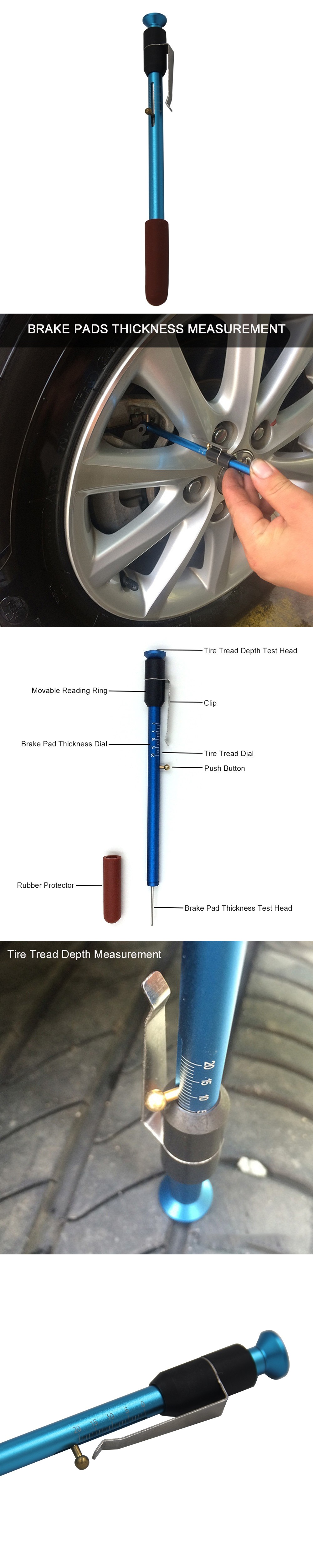 Auto Brake Pads Test Pen Wear Gauges Tire Tread Depth Ruler Measuring