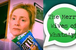 A woman sits on a sofa holding a bag of M&Ms, on the right is the WhatsApp logo with The Merry Wives of WhatsApp written over it in black text.