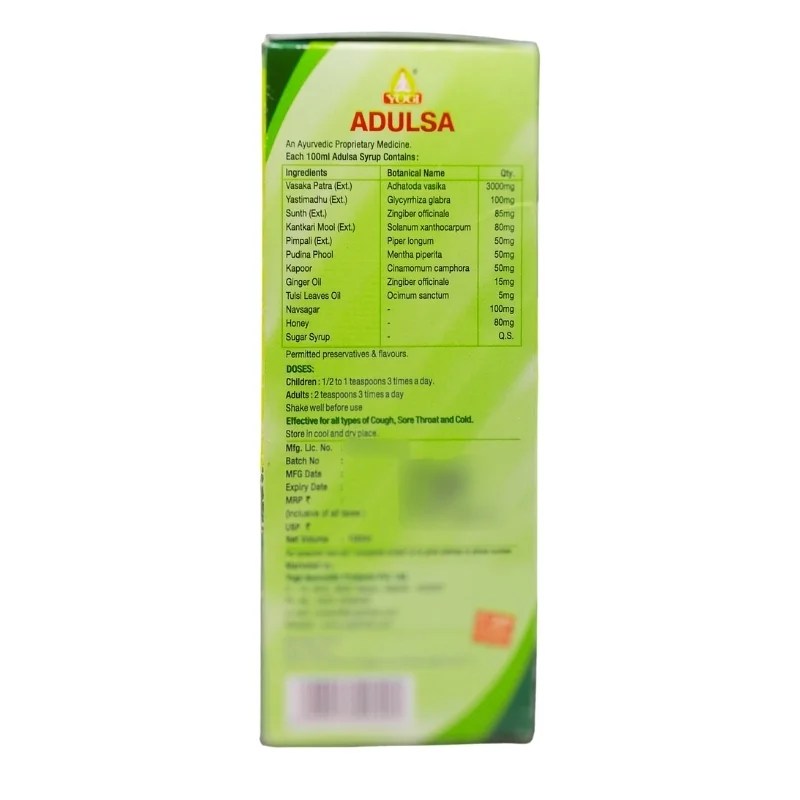 Adulsa Cough Syrup (100ml) Yogi Ayurvedic AyurCentral Online