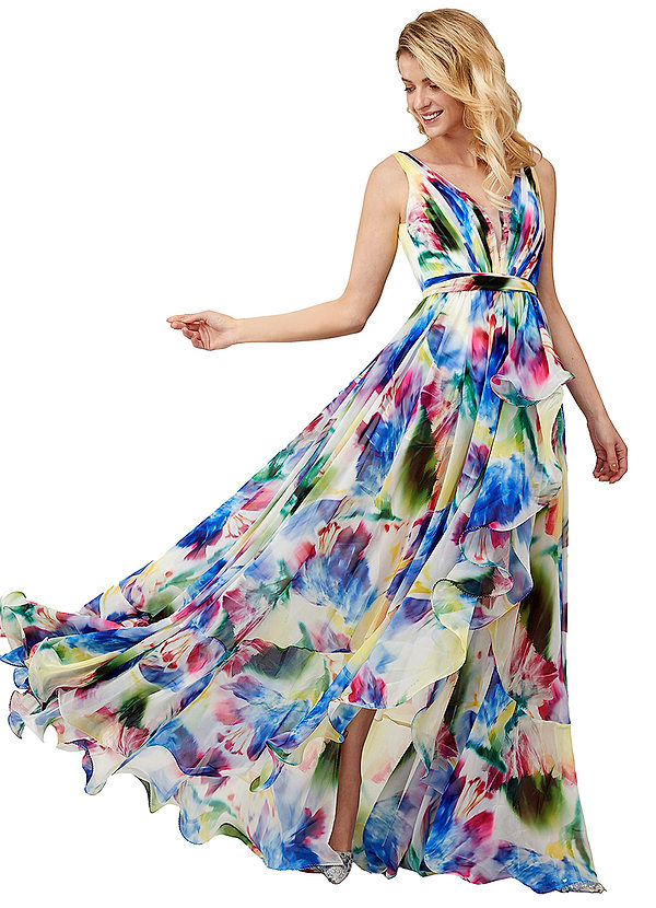 colorful prom dress, watercolor dress, arty dress, Aline dress, sleeveless dress, long prom