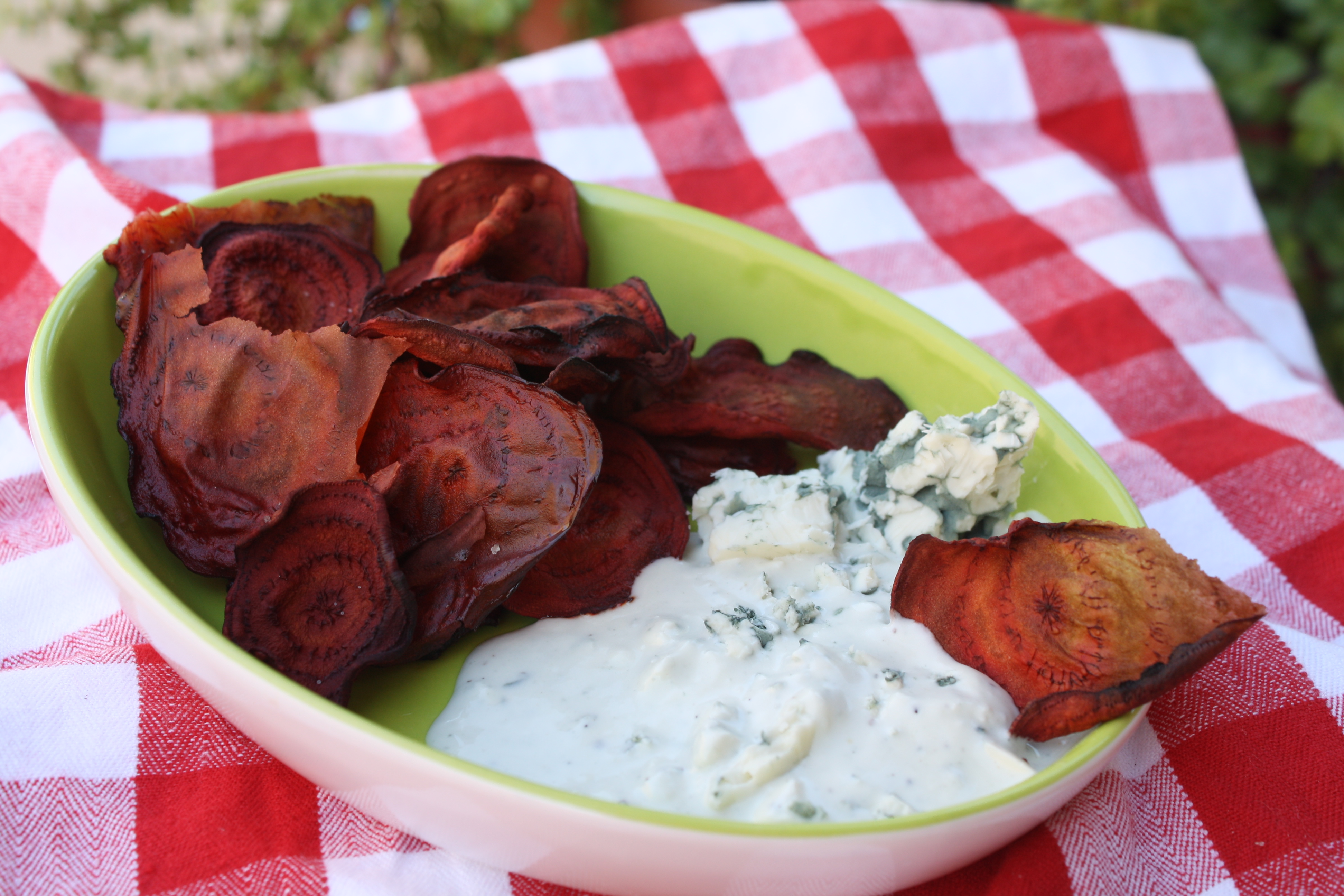 Baked Beet Chips with Blue Cheese Dip