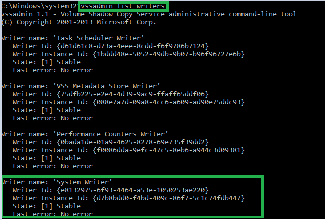 Windows Server Backup failed to Complete. System writer not found
