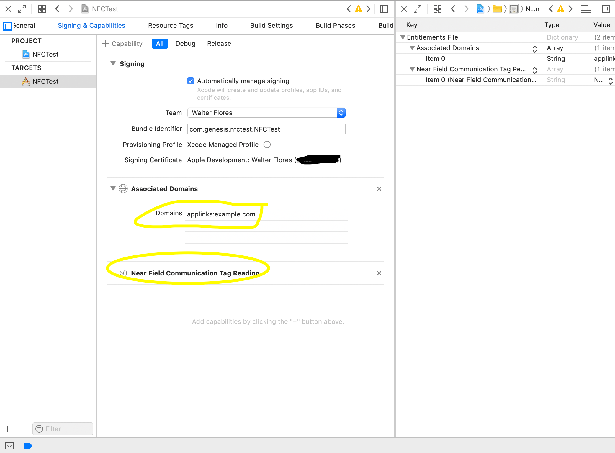 iOS Capabilities (Associated Domain, Near Field Communication Tag