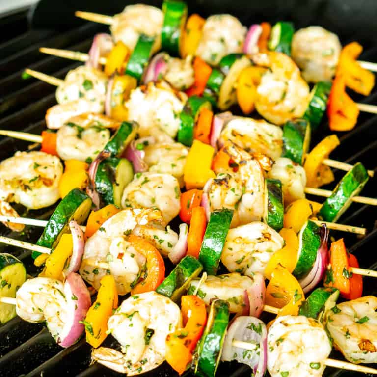 Grilled Shrimp and Vegetable Skewers with Chimichurri Sauce Babaganosh