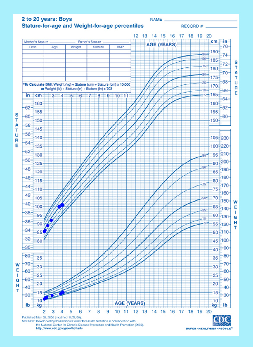 Plotted CDC Charts for Maximo's Height, Weight and Head