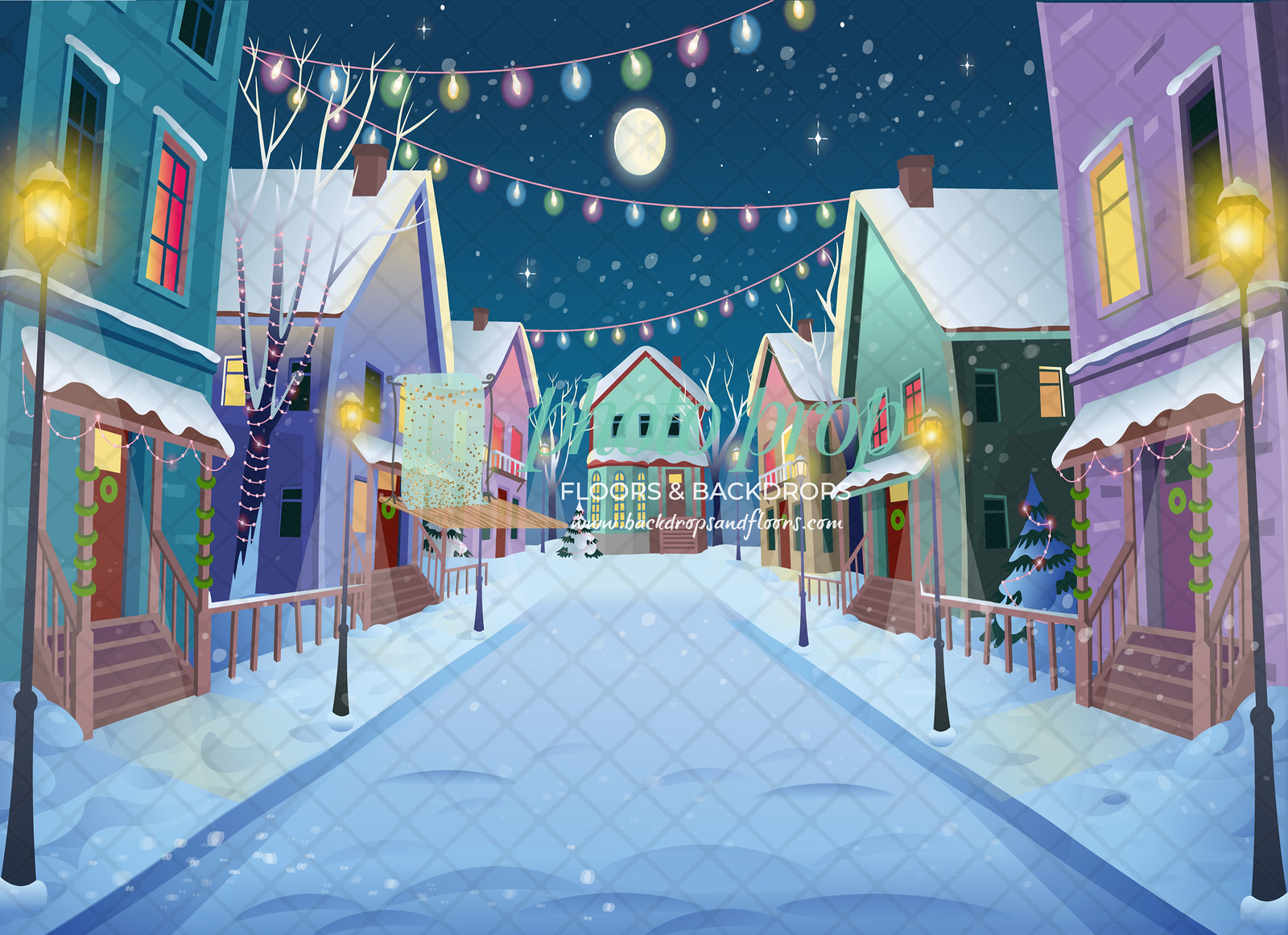 Christmas Village Photography Backdrop, Town Square, Windows, Stores