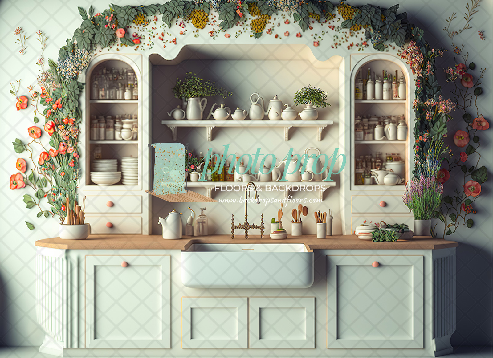 Cream Kitchen Photography Backdrop, Poppies, Holiday, Baking, Vintage