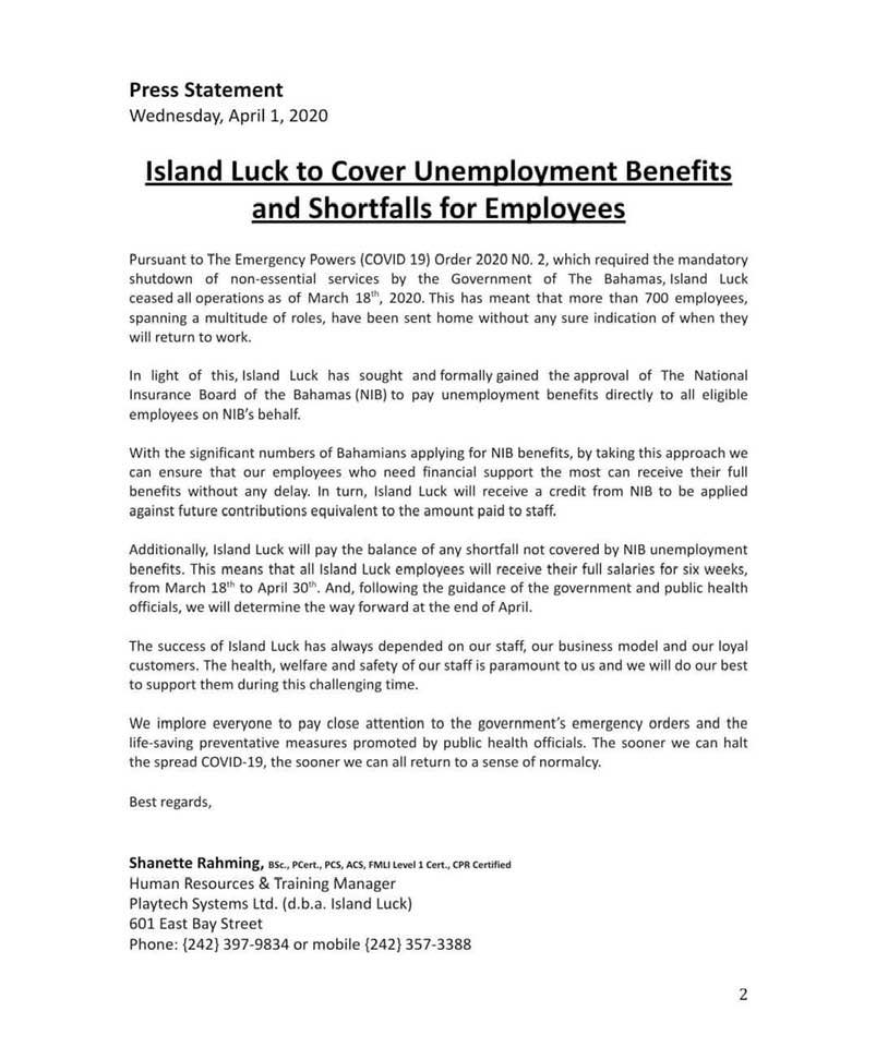 Island Luck to Cover Unemployment Benefits and Shortfalls for Employees