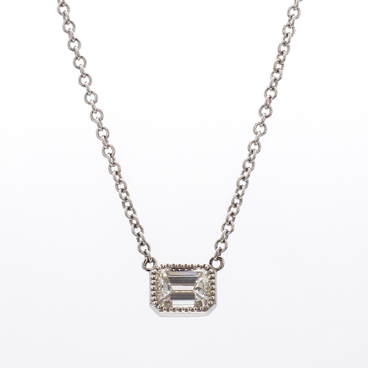 BezelSet EmeraldCut Diamond Pendant Necklace in 14k White Gold