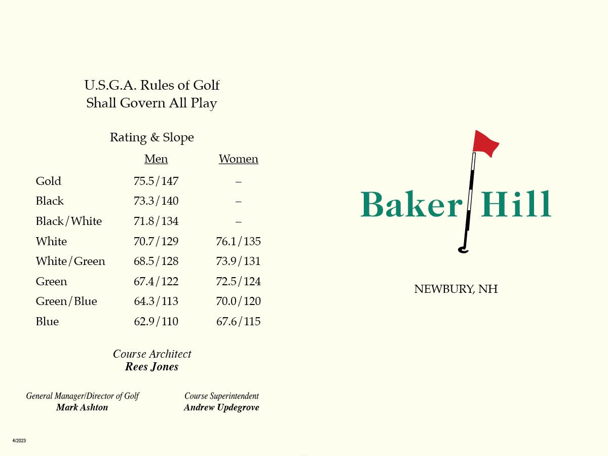 Golf Course Scorecard Baker Hill Golf Club Newbury NH