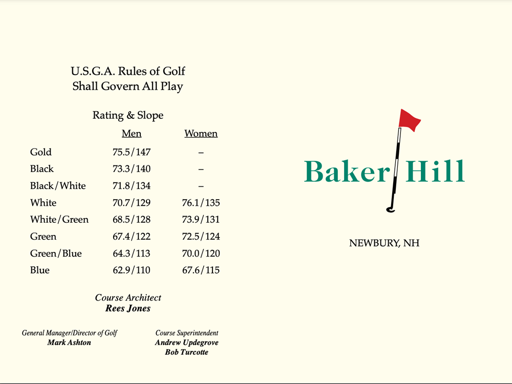 Golf Course Scorecard Baker Hill Golf Club Newbury NH