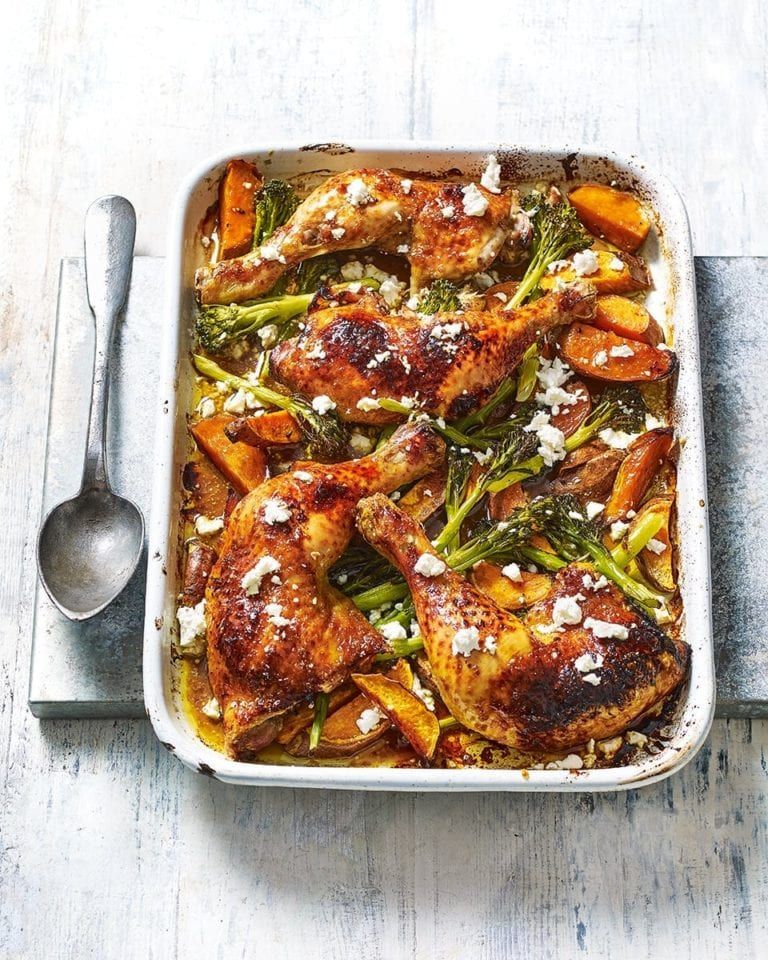 Pomegranate and sweet potato chicken traybake on