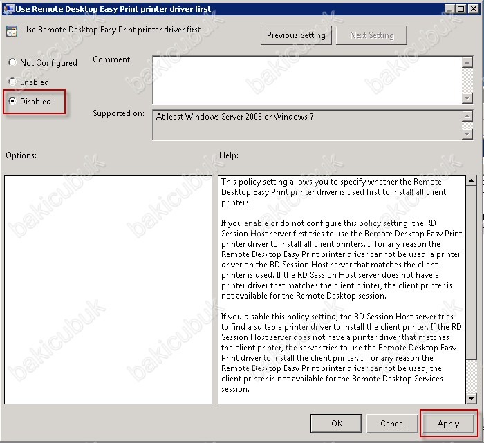 Remote Desktop Services Easy Print printer sorunu Baki CUBUK
